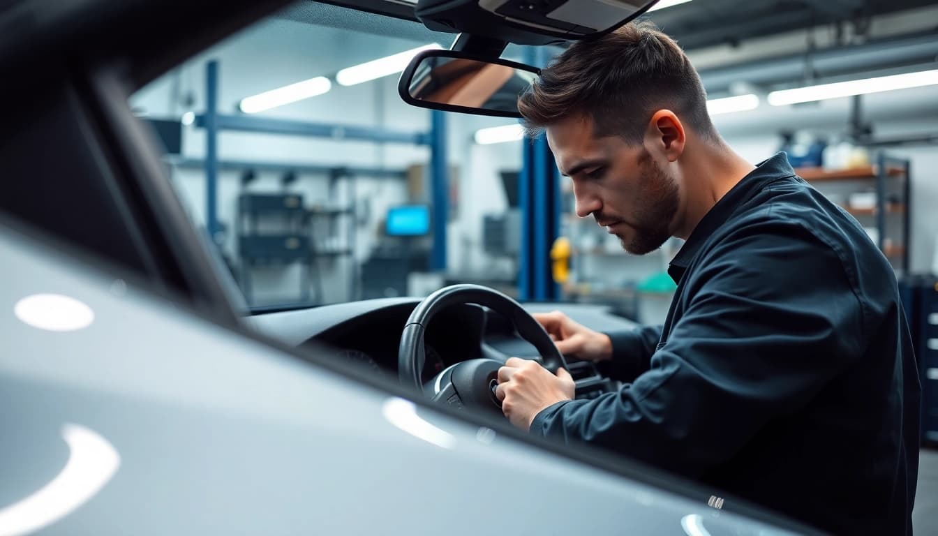 BMW Codierung in action, mechanic adjusting high-tech tools in a modern workshop.