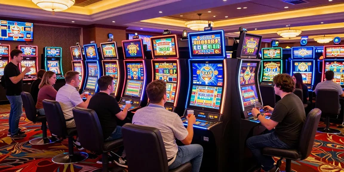 Excitement at a casino with diverse players enjoying สล็อตเว็บตรง slot machines, colorful lights, and a vibrant atmosphere.