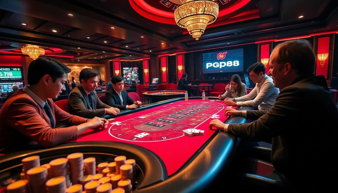 Gamblers enjoying a thrilling PG88 casino experience at a luxurious blackjack table.