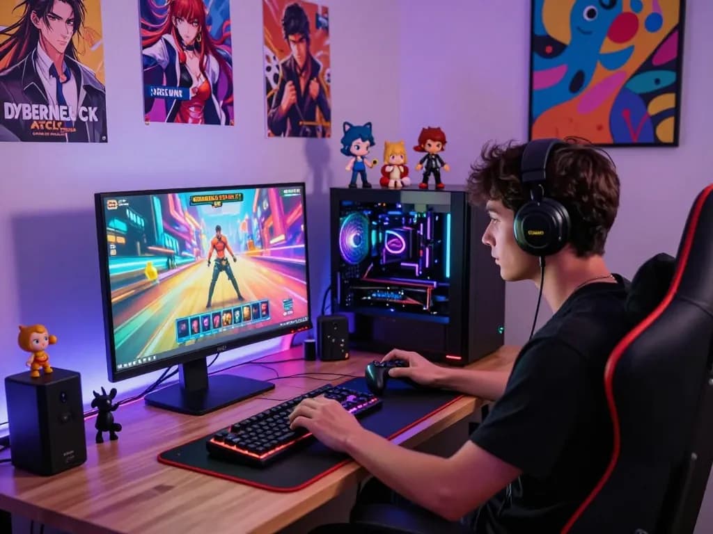 Engaging gamer immersed in a free sex game at a vibrant gaming setup with LED lights and colorful decor.
