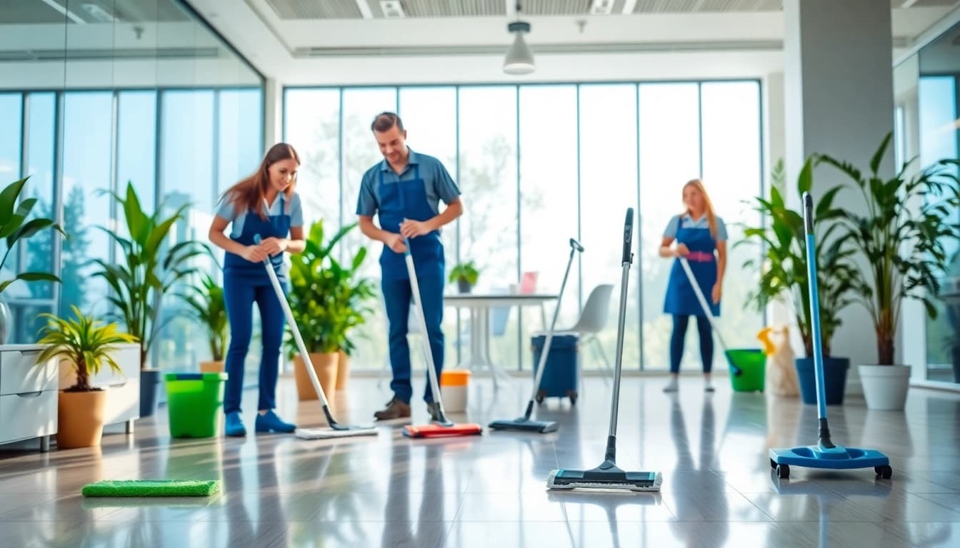 Effiziente Arbeit eines gebäudereinigungsunternehmen berlin in modernem Büro mit professionellem Team.