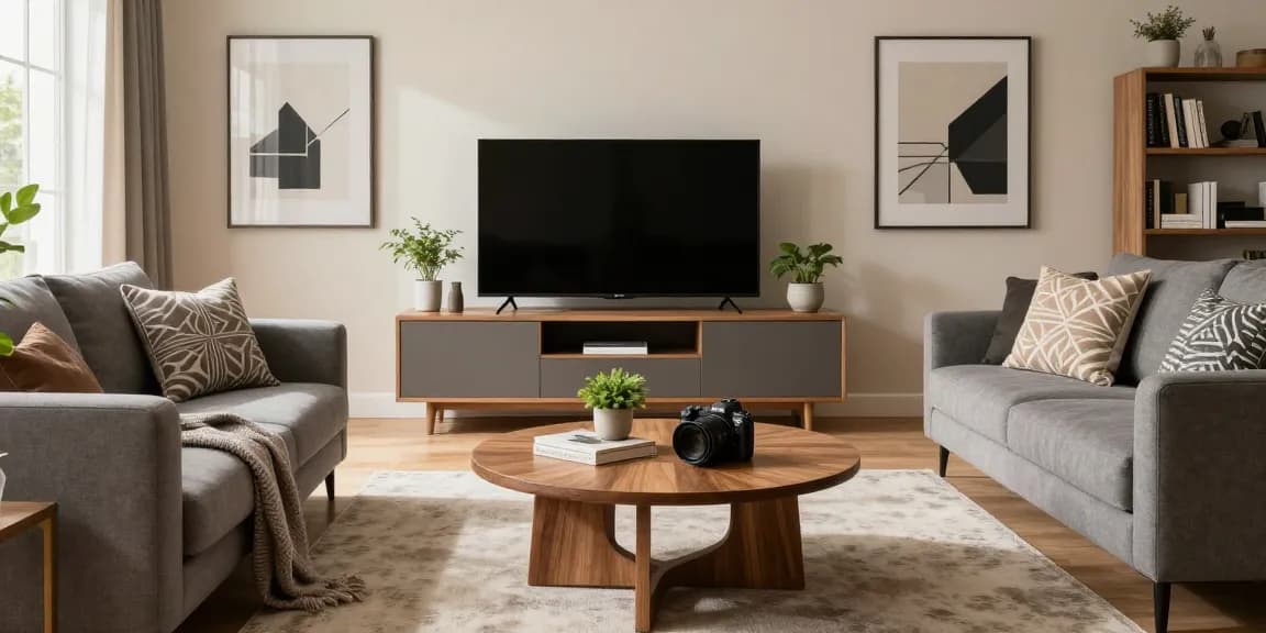 Elegantes Wohnzimmer mit stilvollem Sofa und modernem Dekor, das einen Möbel Shop Online repräsentiert.