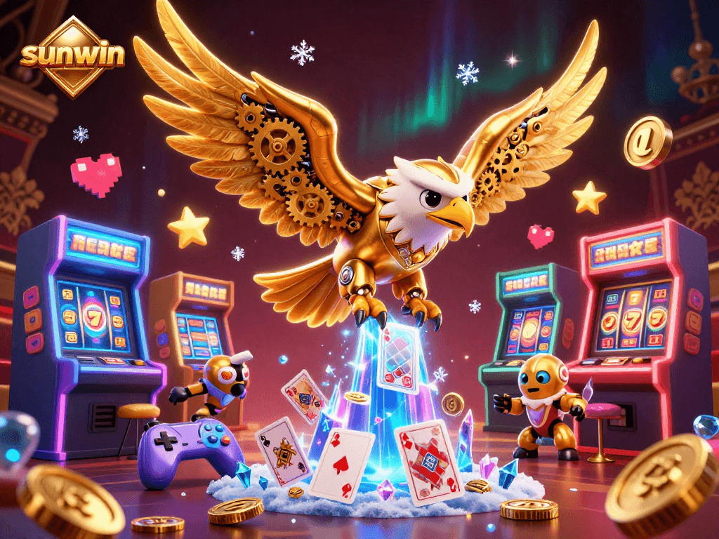 Experience thrilling gameplay with sunwin's immersive 3D casino scene featuring vibrant arcade and slot elements.