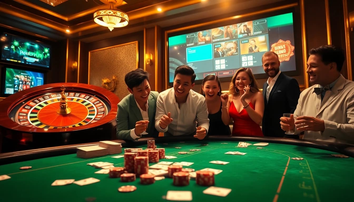 Players engaged in game bài đổi thưởng at a lavish casino table, showcasing excitement and strategy.