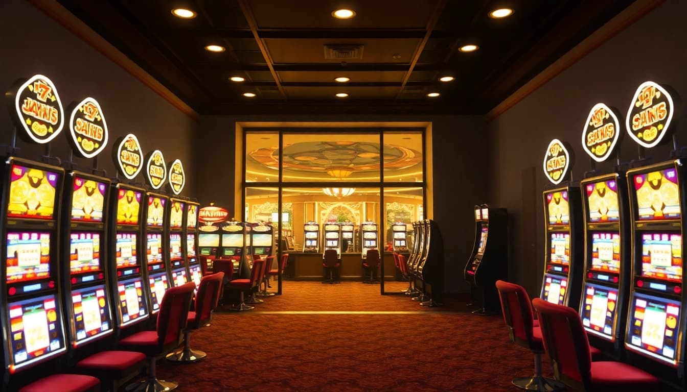 Erlebe den Bonus Casino Spaß mit einem einladenden Online-Casino-Ambiente voller leuchtender Spielautomaten.