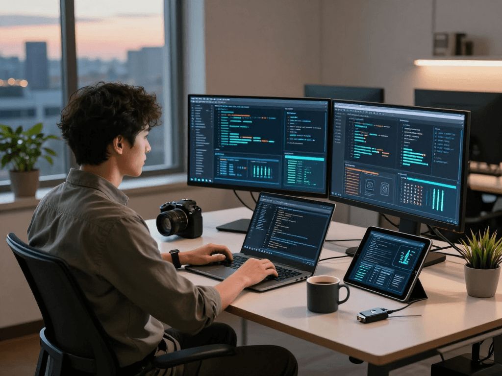 Daten- und IT-Sicherheit Dienstleistung workspace with a cybersecurity expert analyzing data, multiple monitors displaying protective software.