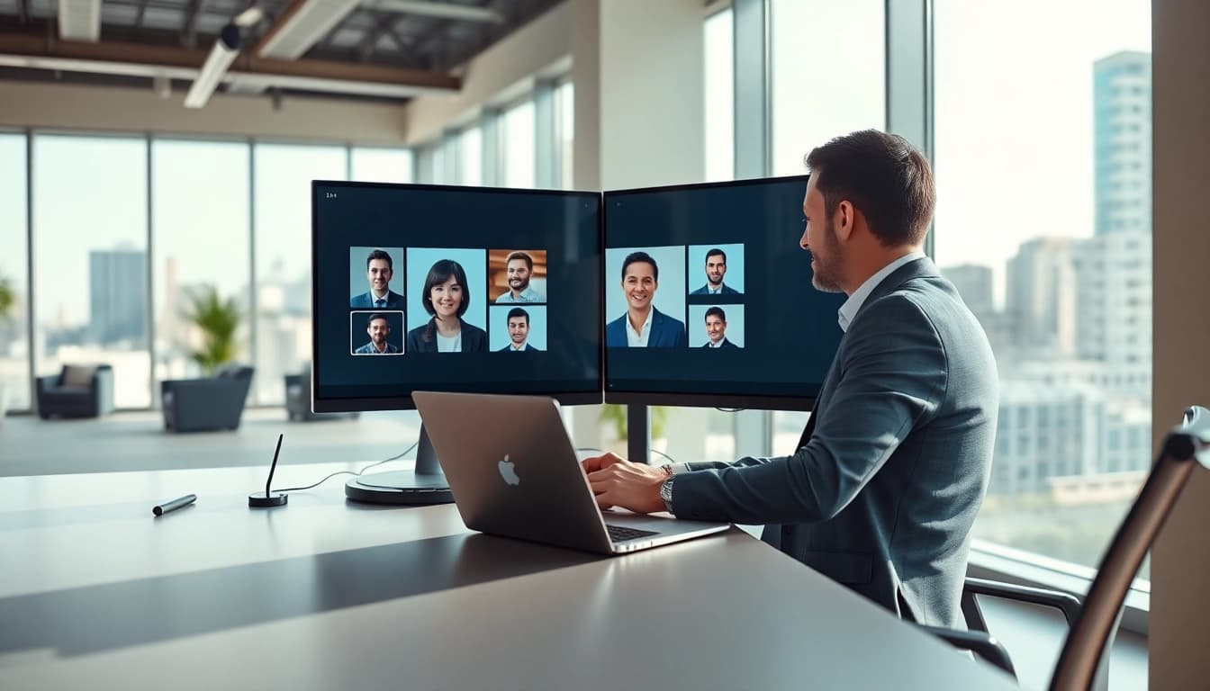 Headhunter IT in a modern office conducting a client video call with professionalism.