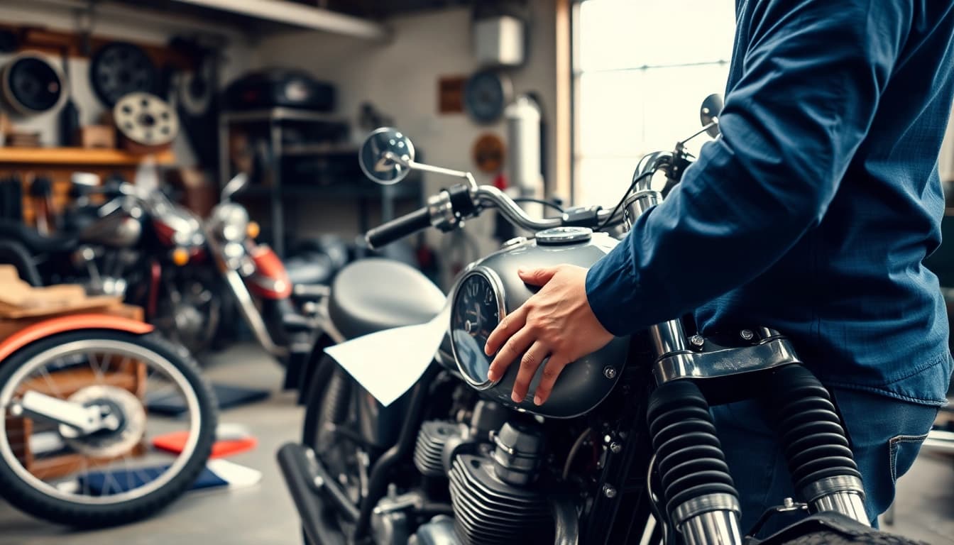 Motorrad Gutachter prüft sorgfältig eine Vintage-Motorrad in einer professionellen Umgebung.