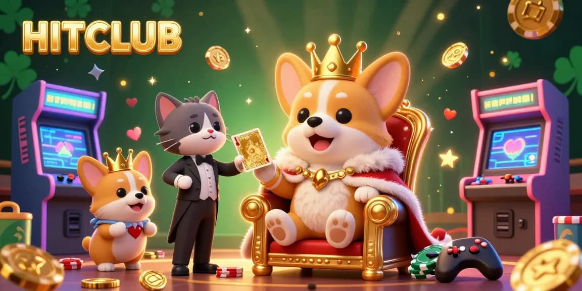 Experience the excitement of HITCLUB through this vibrant casino scene with royal corgi and arcade elements.