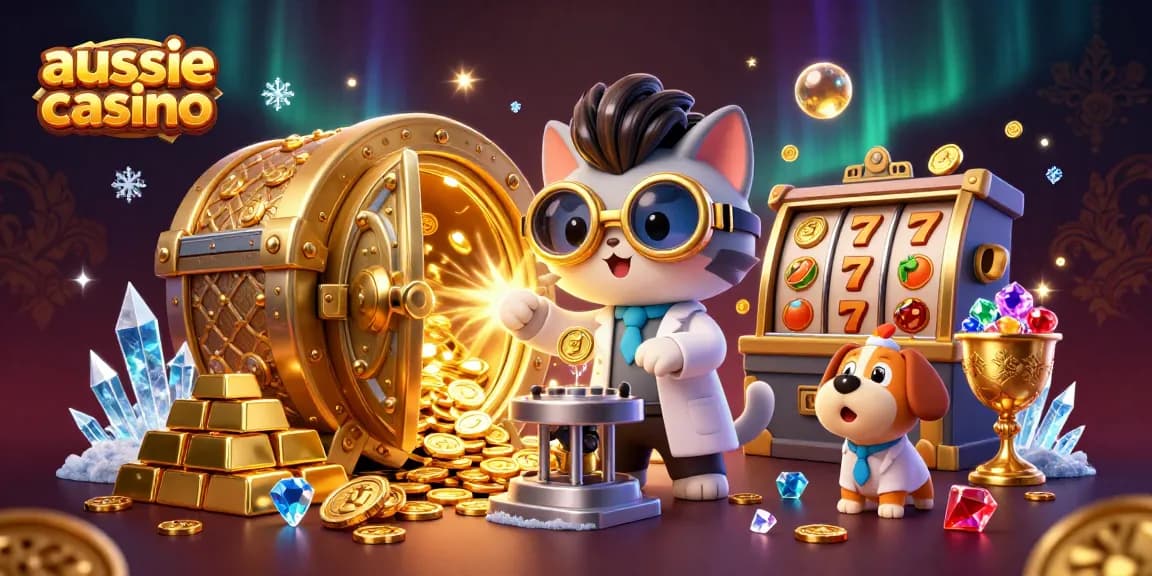 Aussie casino illustration with cartoon characters creating gold coins amid treasure and slot elements.