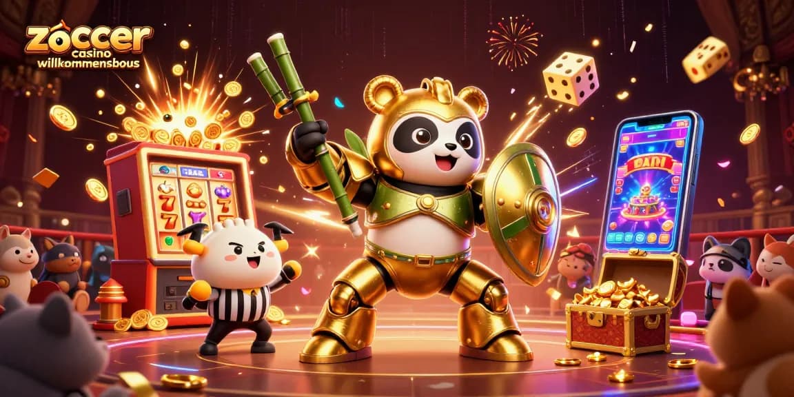 Erleben Sie den Zoccer Casino Willkommensbonus durch diese lebendige, dynamische 3D-Illustration.