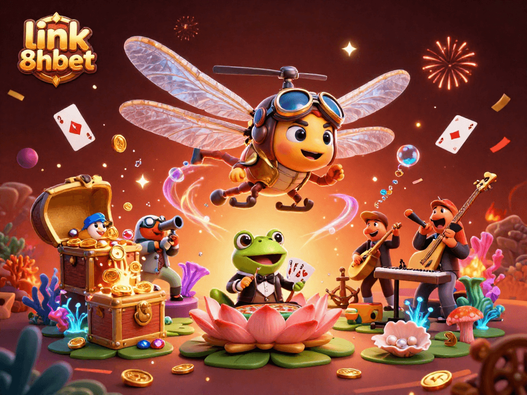Experience the thrilling world of 8xbet as the dragonfly pilot interacts with the vibrant lily pad casino scene.