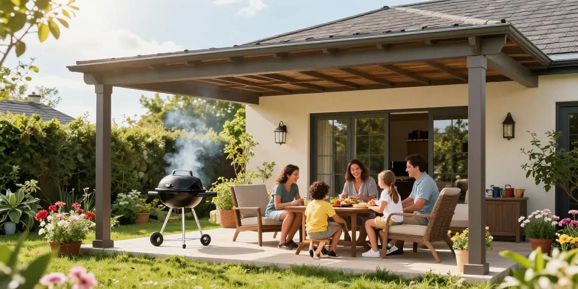 Freistehende Terrassenüberdachung mit Familie im Garten, Sommerfeeling und gemütlicher Atmosphäre.