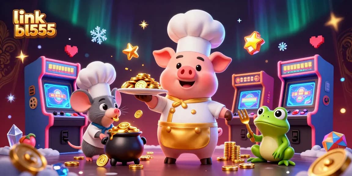 Join the fun at link bl555 as a chef pig serves coins at a vibrant casino game scene.