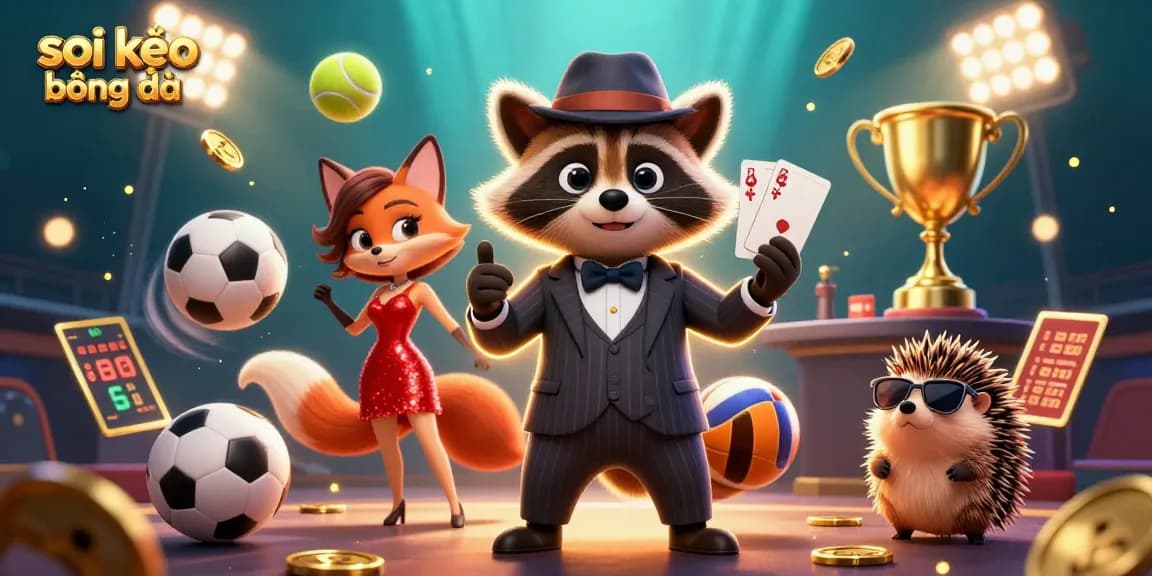 Soi kèo bóng đá with vibrant characters and dynamic sports elements in a casino setting