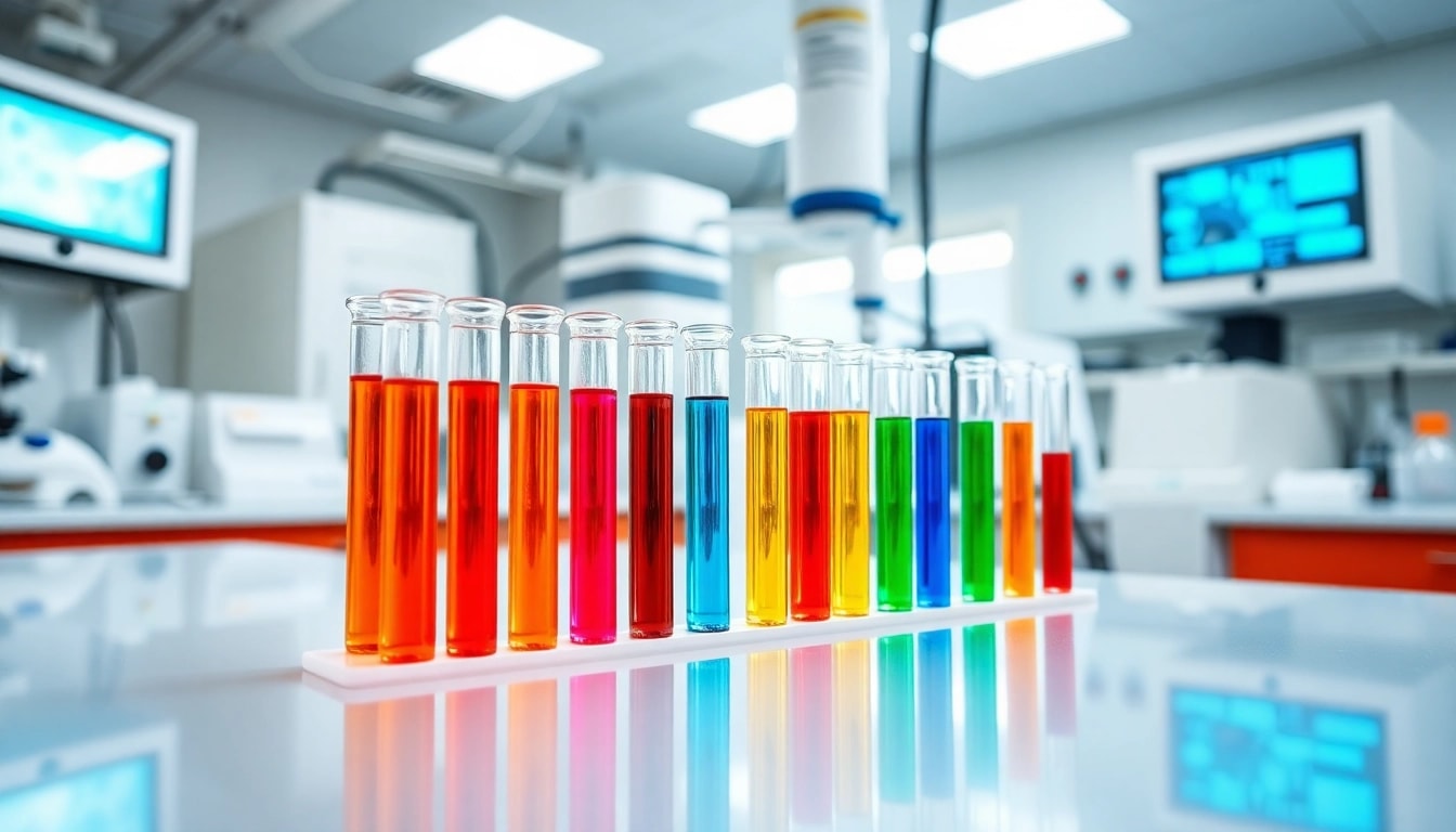 Weitere Informationen ansehen zu verschiedenen Serumroehrchen im Labor mit klaren, bunten Fluessigkeiten.