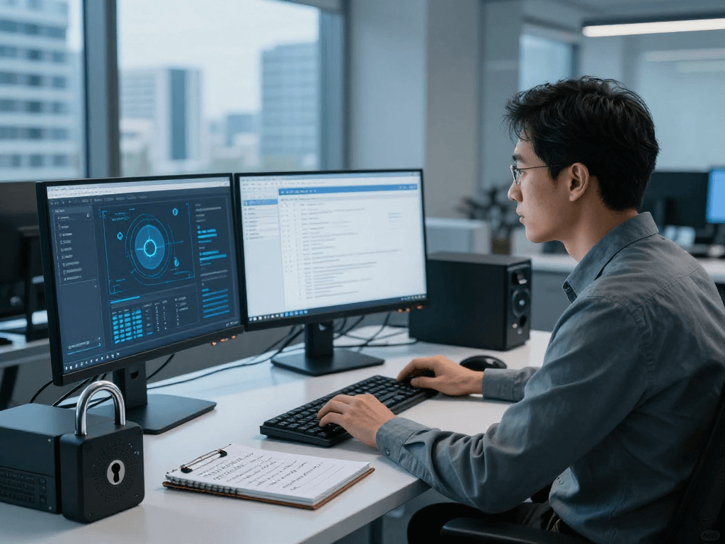Daten- und IT-Sicherheitsdienstleistungen in einem modernen Büro mit einem Analysten, der an Sicherheitslösungen arbeitet.
