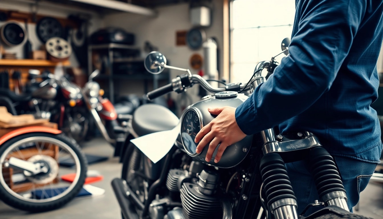 Motorrad Gutachter prüft sorgfältig eine Vintage-Motorrad in einer professionellen Umgebung.