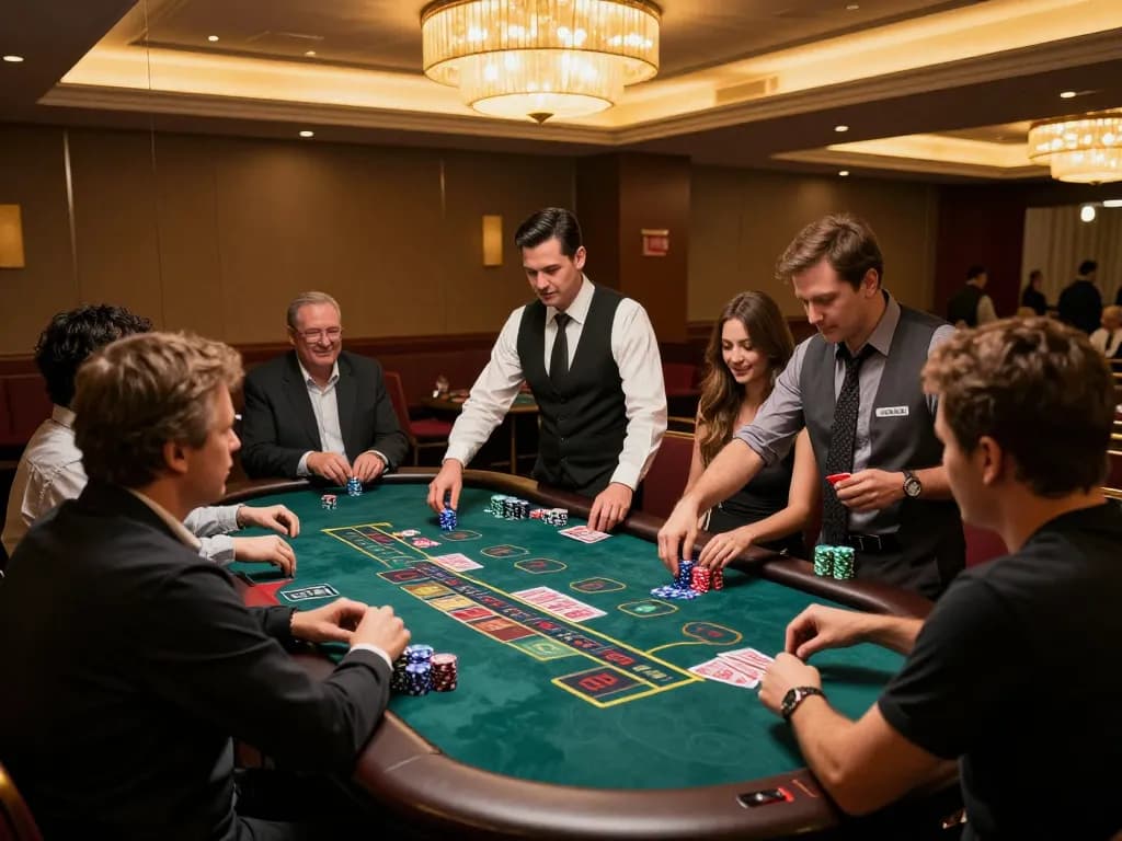 TG88 players strategizing at a blackjack table in a vibrant casino.
