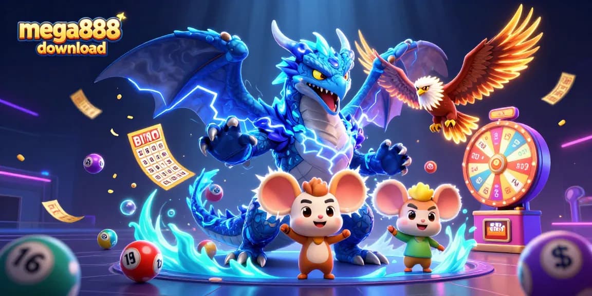 Play and win in Mega888 download, featuring vibrant scenes with thrilling gaming elements.