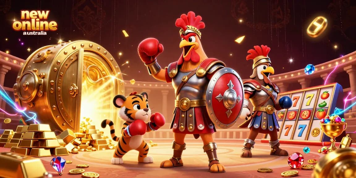 Experience the excitement of new online casino Australia with a vibrant 3D illustration of a gladiator rooster.
