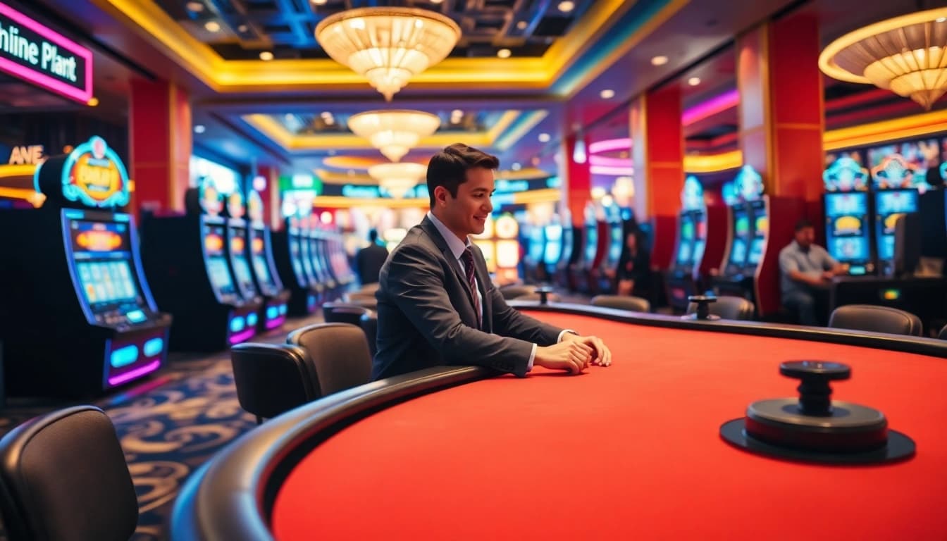 Spiele mit casinospiele.de an einem Blackjack-Tisch in einem luxuriösen Casino-Setup.