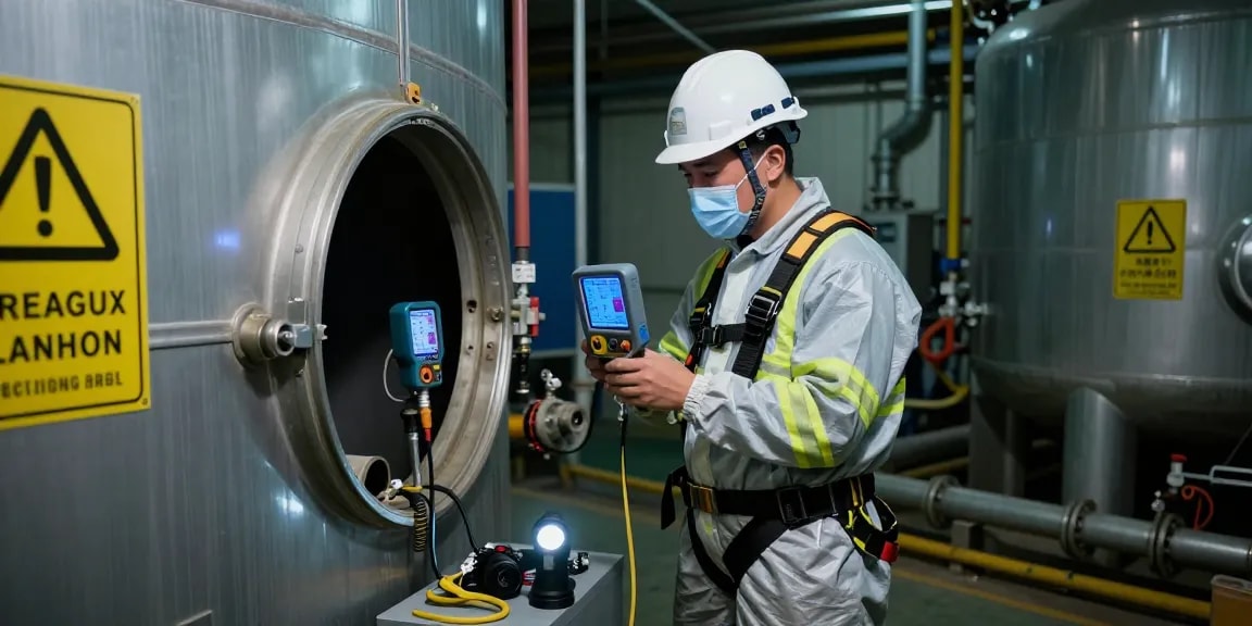 4-Gas-Messgerät enger Raum in Verwendung, Sicherheitstechniker prüft Gaskonzentrationen in einem beengten Raum.
