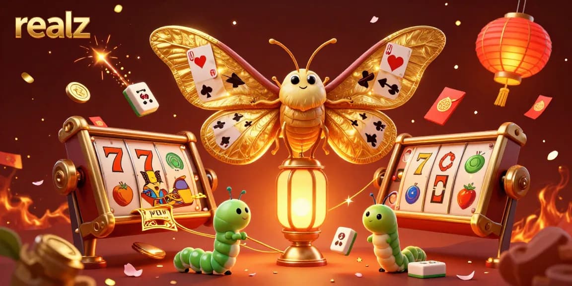 Spin the reels at realz casino, featuring a vibrant atlas moth and golden lanterns.