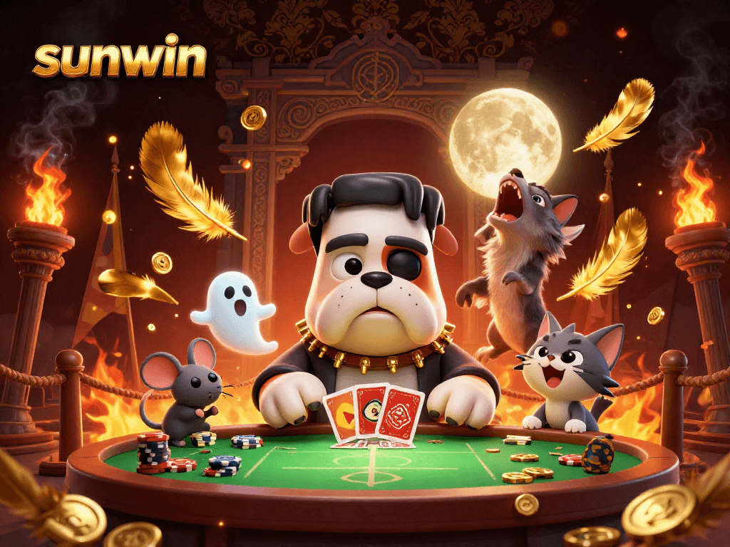 Experience the thrill of gaming with sunwin at this vibrant casino scene, featuring a Frankenstein bulldog and a ghost mouse.