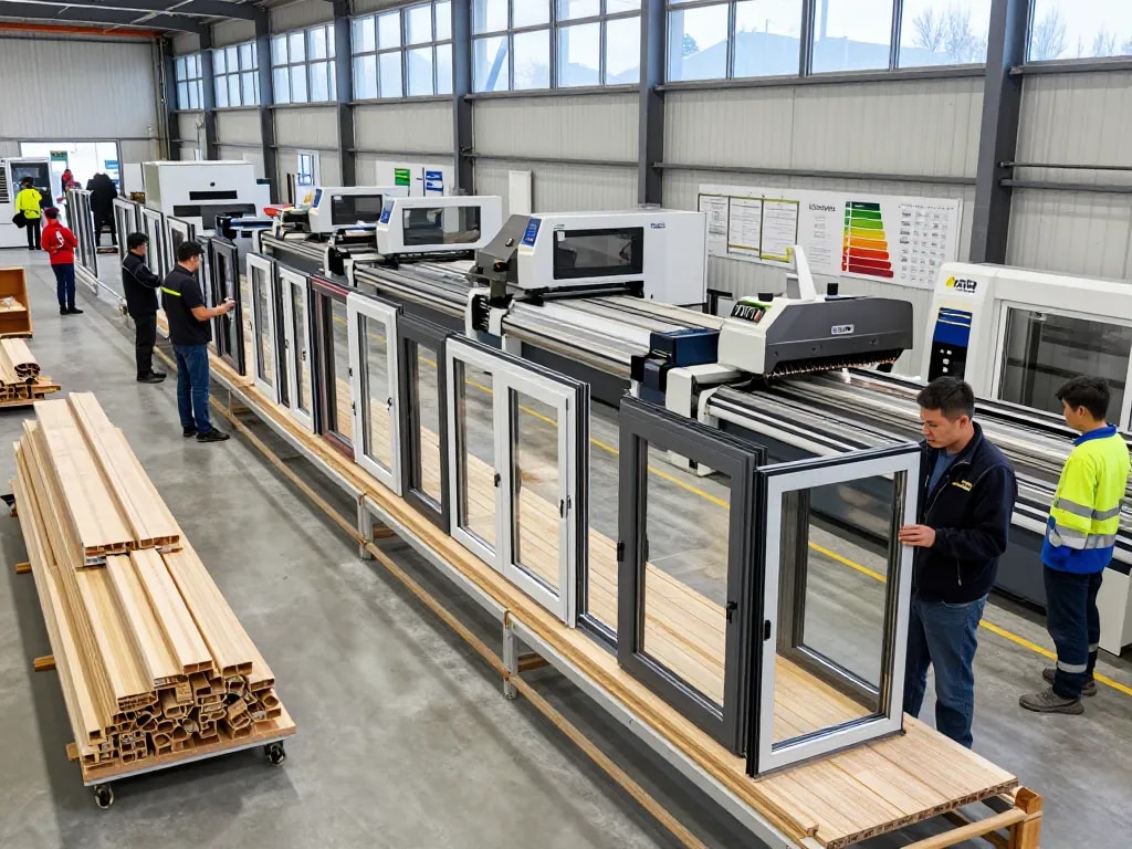 Arbeiter in einer Fensterbau-Anlage, die energieeffiziente Fenster und Türen montieren.