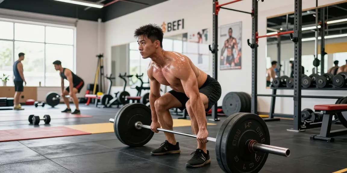 Steroidshop: Bodybuilder beim Training in einem modernen Fitnessstudio, umgeben von Geräten, Licht und motivierenden Postern.