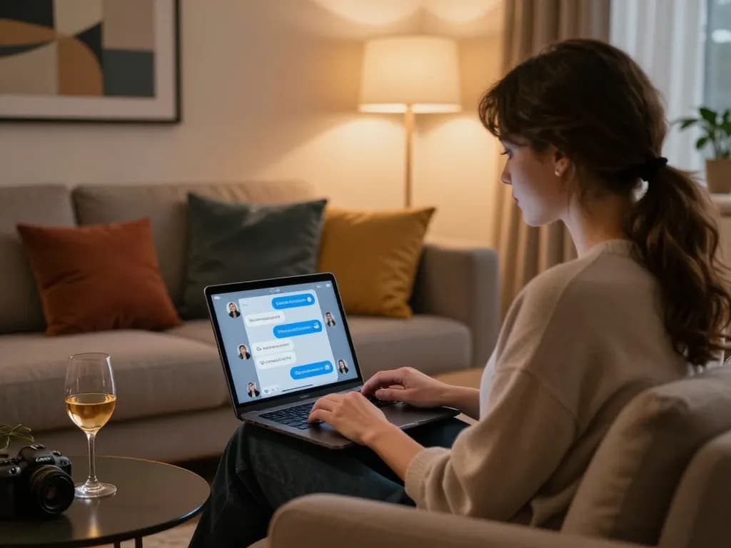 Engaging with an NSFW chat bot on a stylish laptop in a cozy, ambient-lit living room.