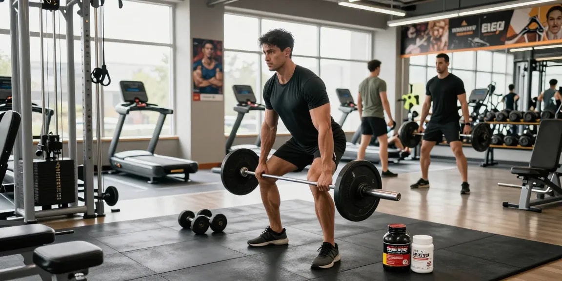 Global Pharma Steroids unterstützen Sportler beim Training in modernem Fitnessstudio.