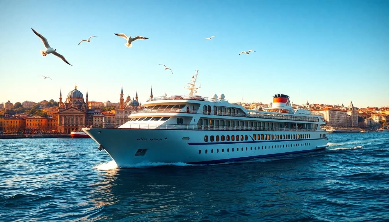 Istanbul Bosphorus cruises auf einem majestätischen Schiff mit Istanbuls ikonischer Skyline im Hintergrund.