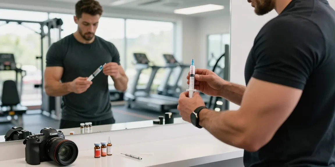 Anabolika Shop: Sportler bereitet sich auf Steroidinjektion vor und zeigt richtige Technik in modernem Fitnessstudio.