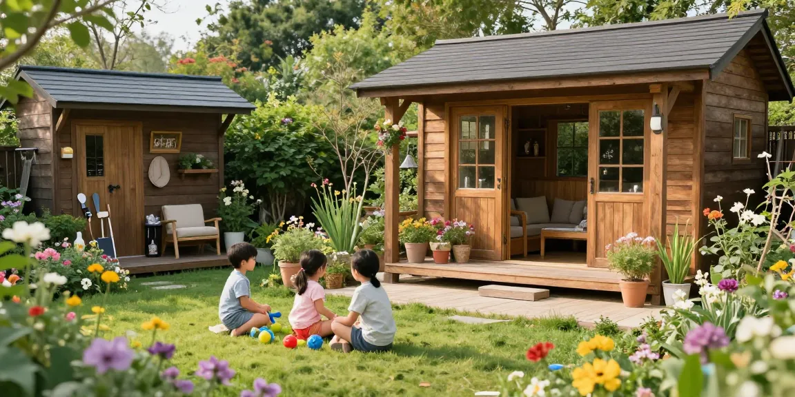 Gartenhaus kaufen: Gemütliches Holz-Gartenhaus umgeben von bunten Blumen und einer spielenden Familie im Freien.