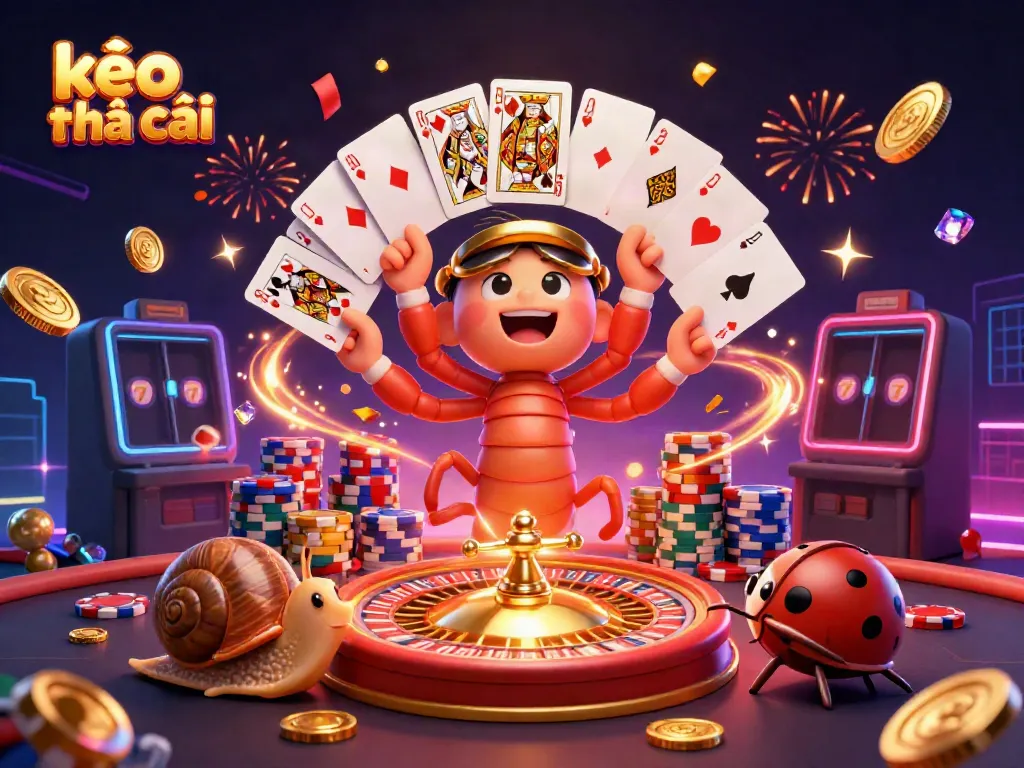 Experience the excitement of kèo nhà cái with a lively dealer, vibrant chips, and casino elements in an engaging scene.