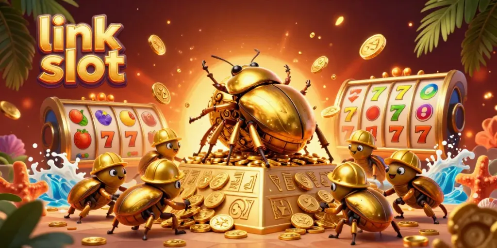 Experience thrilling gameplay with link slot, featuring vibrant reels and golden coins in a dynamic casino scene.