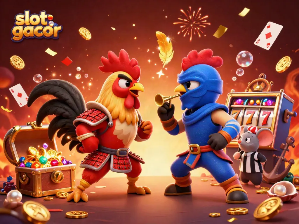 Experience thrilling slot gacor action with dramatic roosters and casino symbols in a vibrant 3D scene.