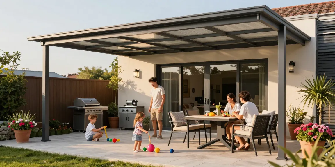 Moderne Terrassenüberdachung mit Familie auf der Terrasse, kinderfreundlicher Garten.