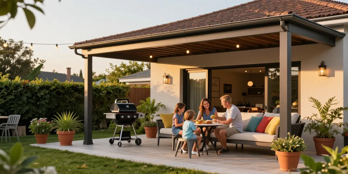 Moderne Terrassenüberdachungen auf einer schönen Terrasse mit Familie, ideal für entspannte Tage.