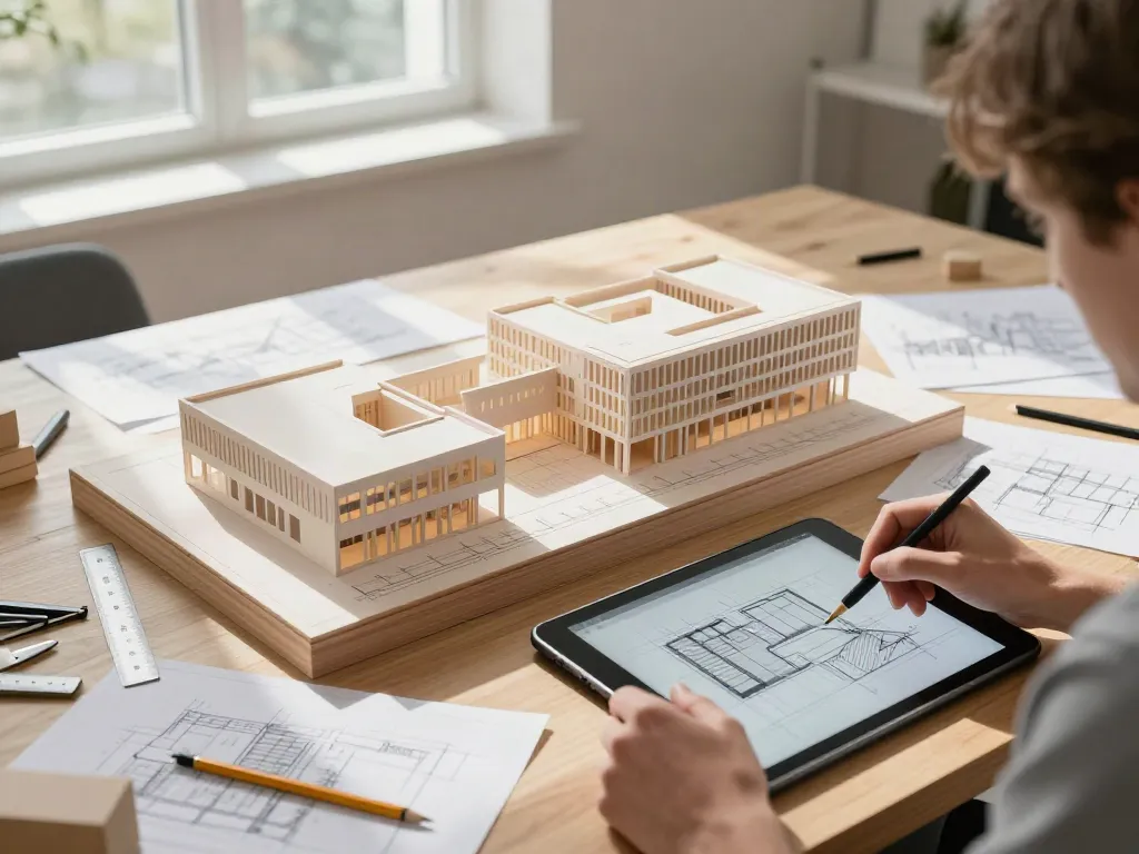 Gestaltungsmodell Architektur in hellem Raum mit Architekturzeichnungen und Tablets.