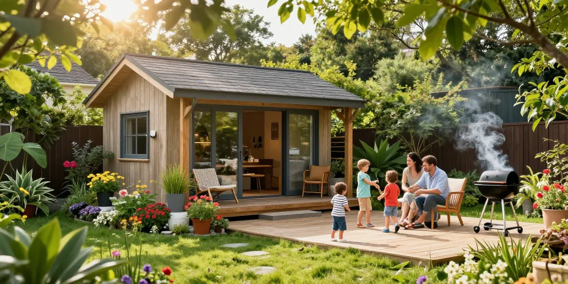 Familie genießt den Garten und das Garten Haus, umgeben von bunten Blumen und Pflanzen.