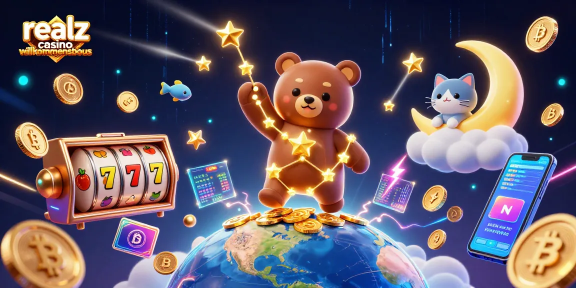 Erlebe den Realz Casino Willkommensbonus in einer dynamischen Illustration mit Slot-Motiven und himmlischen Charakteren.