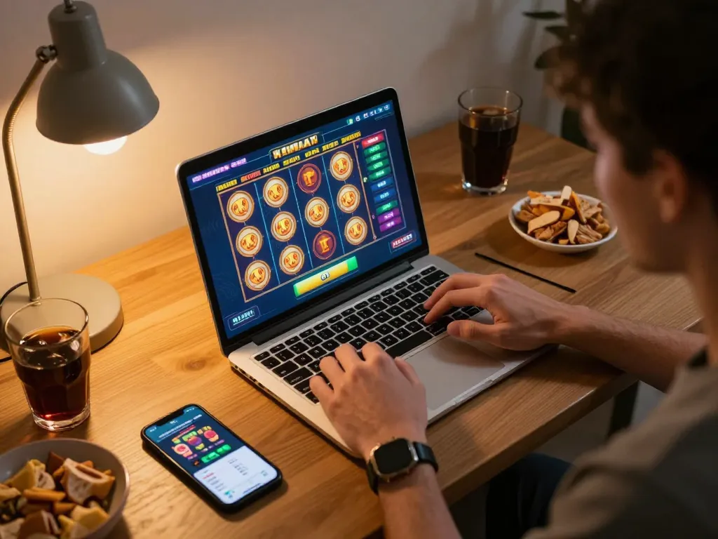 Engaging online gaming session at home with SC88E slot game displayed on a laptop.