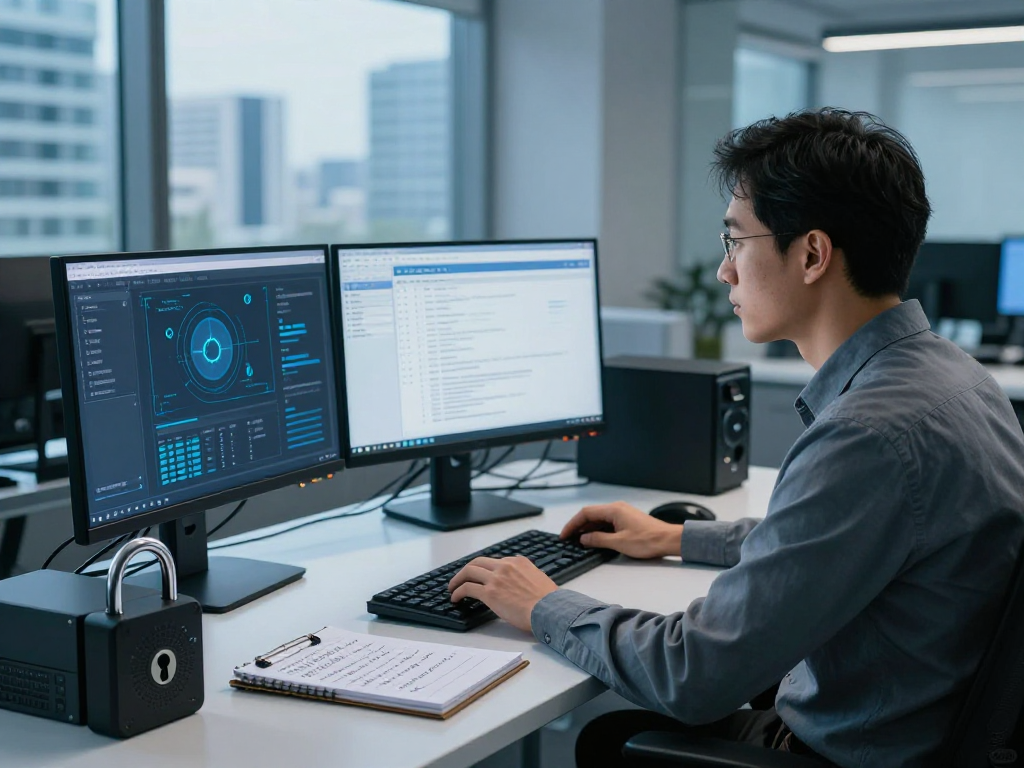 Daten- und IT-Sicherheitsdienstleistungen in einem modernen Büro mit einem Analysten, der an Sicherheitslösungen arbeitet.