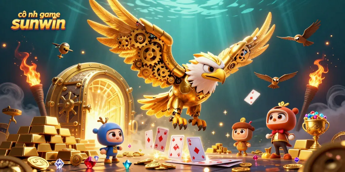Cascading holographic cards surround the cổng game sunwin, showcasing a golden eagle and treasures.