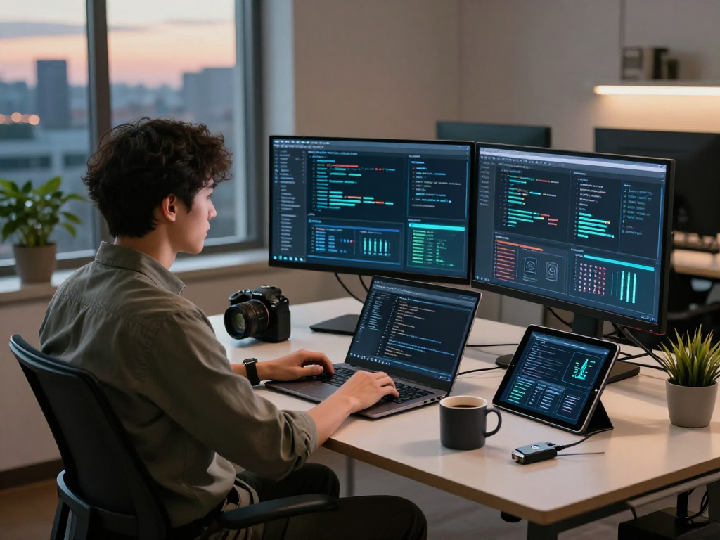Daten- und IT-Sicherheit Dienstleistung workspace with a cybersecurity expert analyzing data, multiple monitors displaying protective software.
