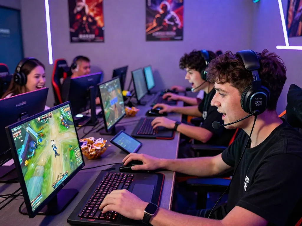 Players enjoying an immersive gaming experience at https://ta888.br.com/ in a modern lounge with lively atmosphere.