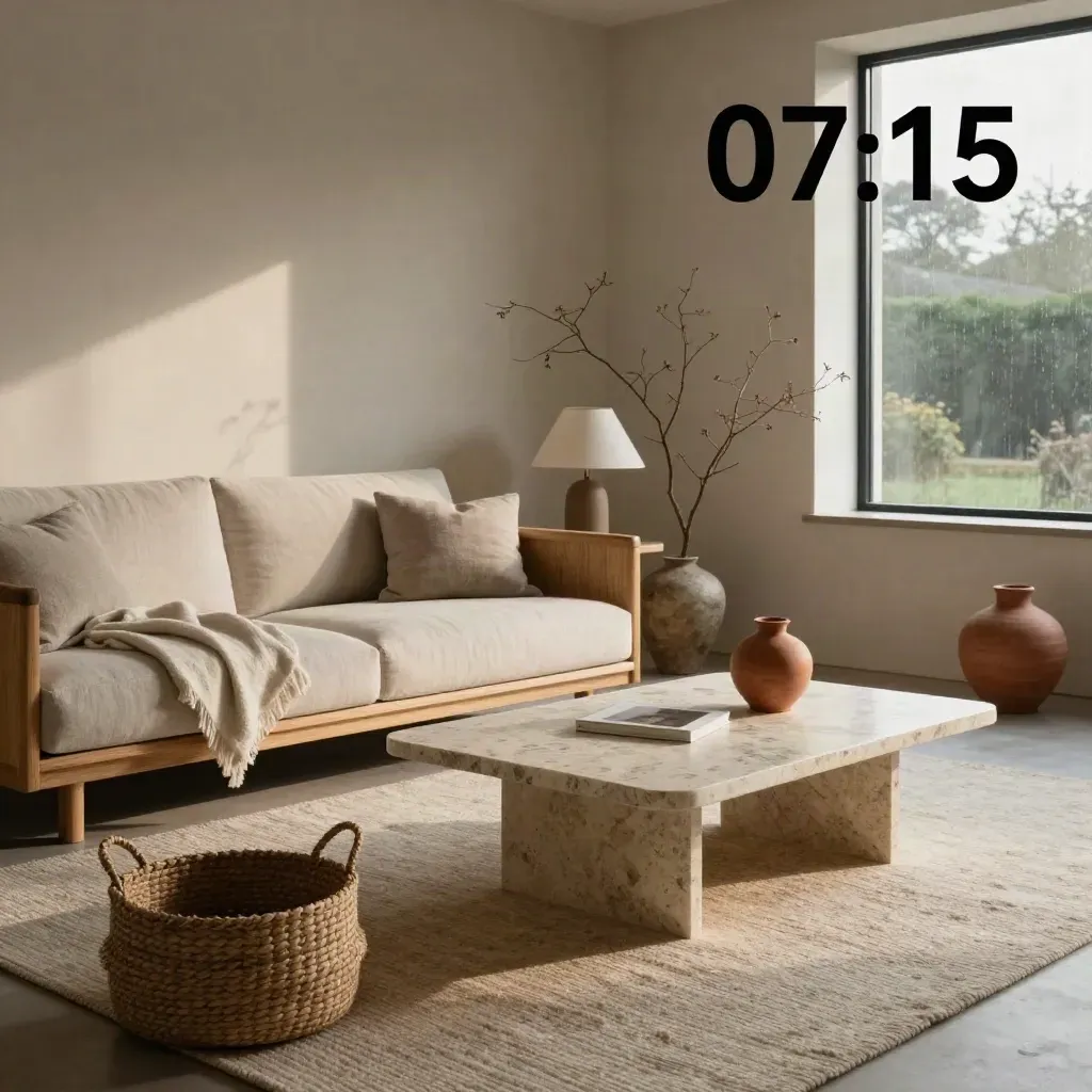 Moderne Wohnzimmerszene mit Sofa, Travertintisch, Lampe und Terrakotta-Vase im Morgenlicht.